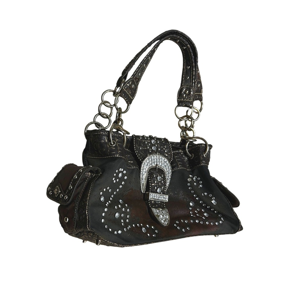 Y2K Western Brown Rhinestone Buckle Shoulder Bag Distressed Bling Handbag